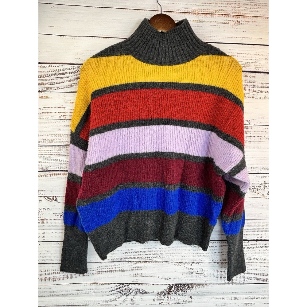 Vintage 90s Y2K Express Sweater‎ S Color Block Grey Bright Dopamine Mock Neck